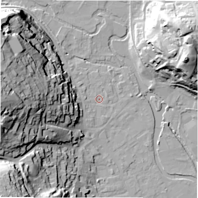 Shaded relief map of the ground around DE451BX, computed from Environment Agency LiDAR. The ground here sits at about 122 m above sea level and falls 56 m across the surrounding 800 m. Surface water reaching this point runs off ground lying to the west, 50.9 m higher.