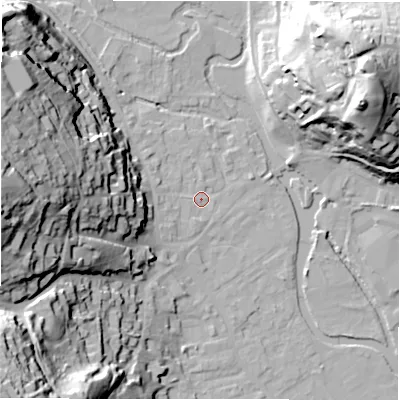 Shaded relief map of the ground around DE451BY, computed from Environment Agency LiDAR. The ground here sits at about 122 m above sea level and falls 56 m across the surrounding 800 m. Surface water reaching this point runs off ground lying to the west, 47.4 m higher.