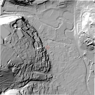 Shaded relief map of the ground around DE451DA, computed from Environment Agency LiDAR. The ground here sits at about 123 m above sea level and falls 65 m across the surrounding 800 m. Surface water reaching this point runs off ground lying to the west, 42.6 m higher.