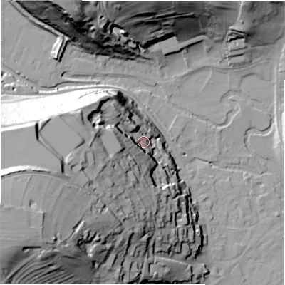 Shaded relief map of the ground around DE451DH, computed from Environment Agency LiDAR. The ground here sits at about 138 m above sea level and falls 71 m across the surrounding 800 m. Surface water reaching this point runs off ground lying to the west-south-west, 44.4 m higher.