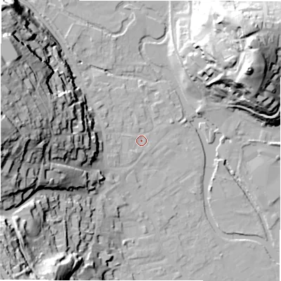 Shaded relief map of the ground around DE451DR, computed from Environment Agency LiDAR. The ground here sits at about 121 m above sea level and falls 55 m across the surrounding 800 m. Surface water reaching this point runs off ground lying to the west, 45.6 m higher.