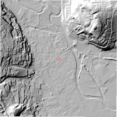 Shaded relief map of the ground around DE451DS, computed from Environment Agency LiDAR. The ground here sits at about 121 m above sea level and falls 51 m across the surrounding 800 m. Surface water reaching this point runs off ground lying to the west, 39.1 m higher.