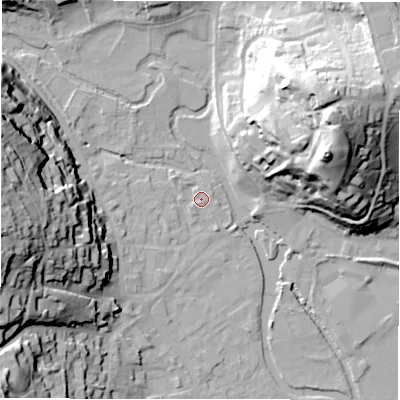 Shaded relief map of the ground around DE451DU, computed from Environment Agency LiDAR. The ground here sits at about 122 m above sea level and falls 42 m across the surrounding 800 m. Surface water reaching this point runs off ground lying to the south-east, 1.0 m higher.