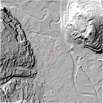 Shaded relief map of the ground around DE451DW, computed from Environment Agency LiDAR. The ground here sits at about 122 m above sea level and falls 51 m across the surrounding 800 m. Surface water reaching this point runs off ground lying to the west, 44.4 m higher.