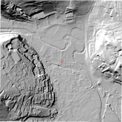 Shaded relief map of the ground around DE451DX, computed from Environment Agency LiDAR. The ground here sits at about 123 m above sea level and falls 59 m across the surrounding 800 m. Surface water reaching this point runs off ground lying to the north, 0.8 m higher.