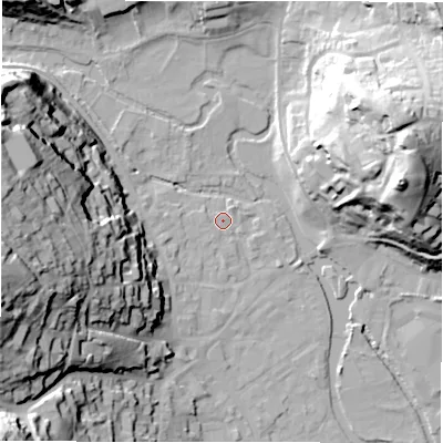 Shaded relief map of the ground around DE451DY, computed from Environment Agency LiDAR. The ground here sits at about 122 m above sea level and falls 50 m across the surrounding 800 m. Surface water reaching this point runs off ground lying to the west, 0.9 m higher.