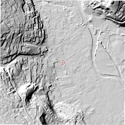 Shaded relief map of the ground around DE451EE, computed from Environment Agency LiDAR. The ground here sits at about 121 m above sea level and falls 63 m across the surrounding 800 m. Surface water reaching this point runs off ground lying to the west-south-west, 49.0 m higher.