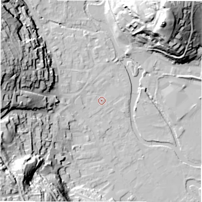 Shaded relief map of the ground around DE451EG, computed from Environment Agency LiDAR. The ground here sits at about 121 m above sea level and falls 56 m across the surrounding 800 m. Surface water reaching this point runs off ground lying to the west-north-west, 1.2 m higher.