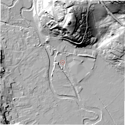 Shaded relief map of the ground around DE451EJ, computed from Environment Agency LiDAR. The ground here sits at about 121 m above sea level and falls 57 m across the surrounding 800 m. Surface water reaching this point runs off ground lying to the south-south-east, 0.9 m higher.