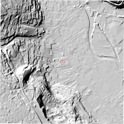 Shaded relief map of the ground around DE451EL, computed from Environment Agency LiDAR. The ground here sits at about 120 m above sea level and falls 66 m across the surrounding 800 m. Surface water reaching this point runs off ground lying to the west, 1.7 m higher.