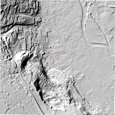 Shaded relief map of the ground around DE451EN, computed from Environment Agency LiDAR. The ground here sits at about 120 m above sea level and falls 67 m across the surrounding 800 m. Surface water reaching this point runs off ground lying to the south-west, 64.2 m higher.