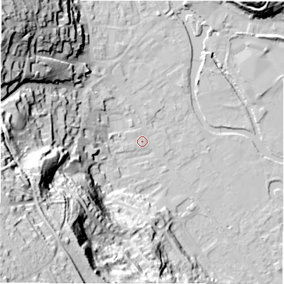 Shaded relief map of the ground around DE451EP, computed from Environment Agency LiDAR. The ground here sits at about 120 m above sea level and falls 66 m across the surrounding 800 m. Surface water reaching this point runs off ground lying to the west-south-west, 54.4 m higher.