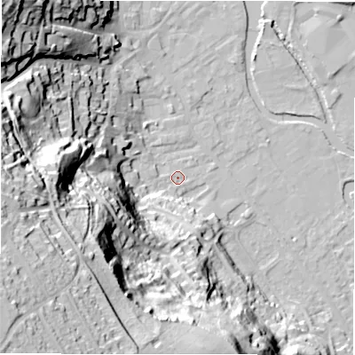 Shaded relief map of the ground around DE451EQ, computed from Environment Agency LiDAR. The ground here sits at about 120 m above sea level and falls 67 m across the surrounding 800 m. Surface water reaching this point runs off ground lying to the west-south-west, 27.0 m higher.