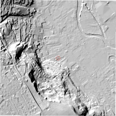 Shaded relief map of the ground around DE451ER, computed from Environment Agency LiDAR. The ground here sits at about 120 m above sea level and falls 67 m across the surrounding 800 m. Surface water reaching this point runs off ground lying to the south-west, 64.4 m higher.