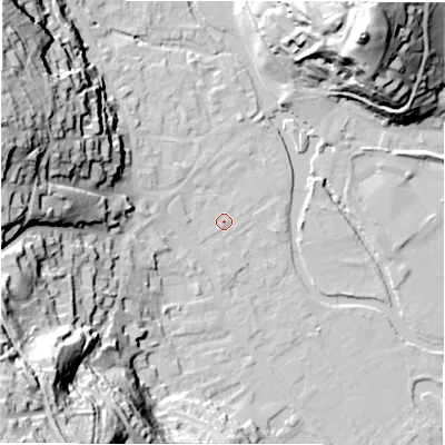 Shaded relief map of the ground around DE451ES, computed from Environment Agency LiDAR. The ground here sits at about 121 m above sea level and falls 57 m across the surrounding 800 m. The ground contributing surface water to this point lies to the north-west.