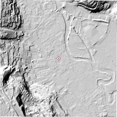 Shaded relief map of the ground around DE451ET, computed from Environment Agency LiDAR. The ground here sits at about 120 m above sea level and falls 60 m across the surrounding 800 m. Surface water reaching this point runs off ground lying to the north-west, 2.9 m higher.
