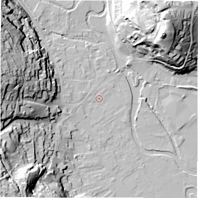 Shaded relief map of the ground around DE451EU, computed from Environment Agency LiDAR. The ground here sits at about 121 m above sea level and falls 56 m across the surrounding 800 m. Surface water reaching this point runs off ground lying to the west-south-west, 1.2 m higher.