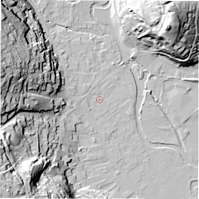 Shaded relief map of the ground around DE451EW, computed from Environment Agency LiDAR. The ground here sits at about 121 m above sea level and falls 57 m across the surrounding 800 m. Surface water reaching this point runs off ground lying to the west-north-west, 1.2 m higher.