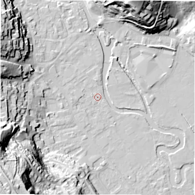 Shaded relief map of the ground around DE451EZ, computed from Environment Agency LiDAR. The ground here sits at about 120 m above sea level and falls 56 m across the surrounding 800 m. Surface water reaching this point runs off ground lying to the west-north-west, 2.5 m higher.