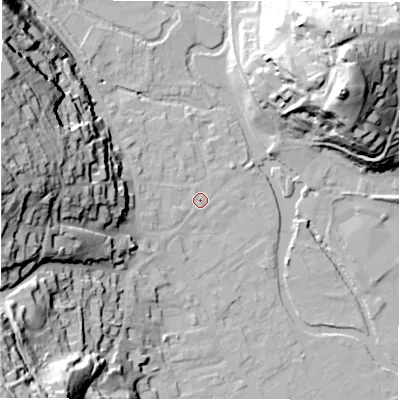 Shaded relief map of the ground around DE451FY, computed from Environment Agency LiDAR. The ground here sits at about 122 m above sea level and falls 54 m across the surrounding 800 m. Surface water reaching this point runs off ground lying to the west, 42.9 m higher.