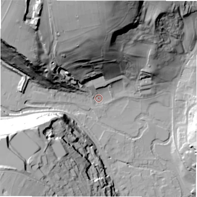 Shaded relief map of the ground around DE451GF, computed from Environment Agency LiDAR. The ground here sits at about 124 m above sea level and falls 69 m across the surrounding 800 m. Surface water reaching this point runs off ground lying to the north, 65.3 m higher.