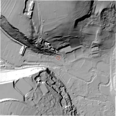 Shaded relief map of the ground around DE451GG, computed from Environment Agency LiDAR. The ground here sits at about 125 m above sea level and falls 69 m across the surrounding 800 m. Surface water reaching this point runs off ground lying to the north, 64.0 m higher.