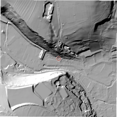 Shaded relief map of the ground around DE451GH, computed from Environment Agency LiDAR. The ground here sits at about 126 m above sea level and falls 71 m across the surrounding 800 m. Surface water reaching this point runs off ground lying to the north-north-west, 52.7 m higher.
