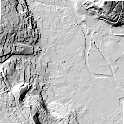 Shaded relief map of the ground around DE451GQ, computed from Environment Agency LiDAR. The ground here sits at about 121 m above sea level and falls 61 m across the surrounding 800 m. Surface water reaching this point runs off ground lying to the west-north-west, 41.8 m higher.