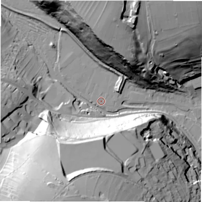 Shaded relief map of the ground around DE451GS, computed from Environment Agency LiDAR. The ground here sits at about 126 m above sea level and falls 69 m across the surrounding 800 m. Surface water reaching this point runs off ground lying to the north-east, 5.7 m higher.