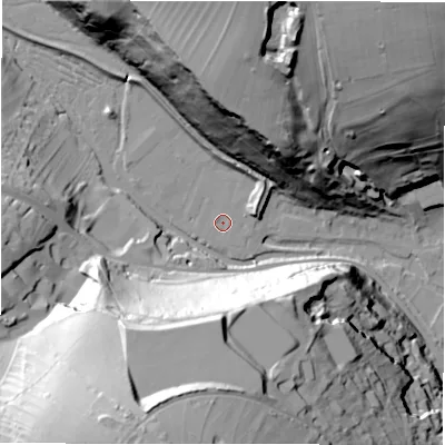 Shaded relief map of the ground around DE451GU, computed from Environment Agency LiDAR. The ground here sits at about 126 m above sea level and falls 68 m across the surrounding 800 m. Surface water reaching this point runs off ground lying to the north, 5.2 m higher.