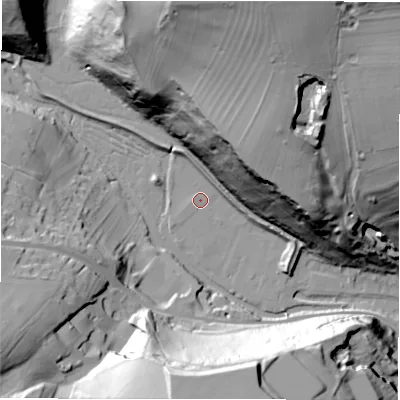 Shaded relief map of the ground around DE451GZ, computed from Environment Agency LiDAR. The ground here sits at about 127 m above sea level and falls 75 m across the surrounding 800 m. The ground contributing surface water to this point lies to the west-south-west.