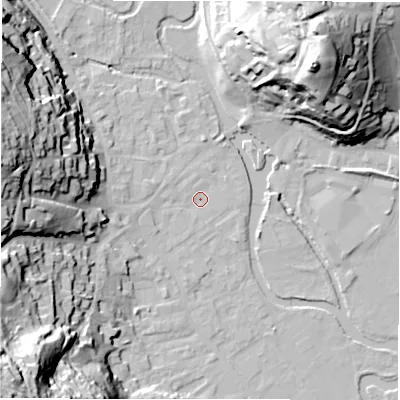 Shaded relief map of the ground around DE451HA, computed from Environment Agency LiDAR. The ground here sits at about 121 m above sea level and falls 53 m across the surrounding 800 m. Surface water reaching this point runs off ground lying to the west, 1.2 m higher.