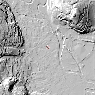 Shaded relief map of the ground around DE451HB, computed from Environment Agency LiDAR. The ground here sits at about 121 m above sea level and falls 53 m across the surrounding 800 m. Surface water reaching this point runs off ground lying to the west, 1.2 m higher.