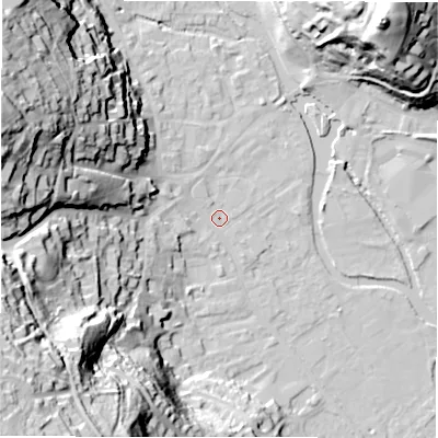 Shaded relief map of the ground around DE451HD, computed from Environment Agency LiDAR. The ground here sits at about 121 m above sea level and falls 61 m across the surrounding 800 m. Surface water reaching this point runs off ground lying to the west-south-west, 46.2 m higher.