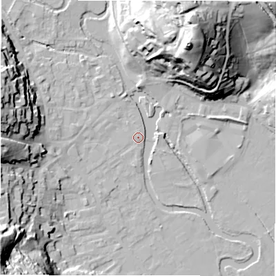 Shaded relief map of the ground around DE451HF, computed from Environment Agency LiDAR. The ground here sits at about 121 m above sea level and falls 44 m across the surrounding 800 m. Surface water reaching this point runs off ground lying to the west-north-west, 26.6 m higher.