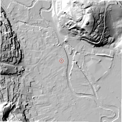 Shaded relief map of the ground around DE451HG, computed from Environment Agency LiDAR. The ground here sits at about 121 m above sea level and falls 46 m across the surrounding 800 m. Surface water reaching this point runs off ground lying to the west-north-west, 29.3 m higher.