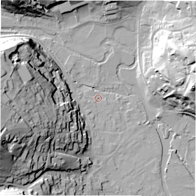Shaded relief map of the ground around DE451HH, computed from Environment Agency LiDAR. The ground here sits at about 122 m above sea level and falls 59 m across the surrounding 800 m. Surface water reaching this point runs off ground lying to the south-west, 1.1 m higher.