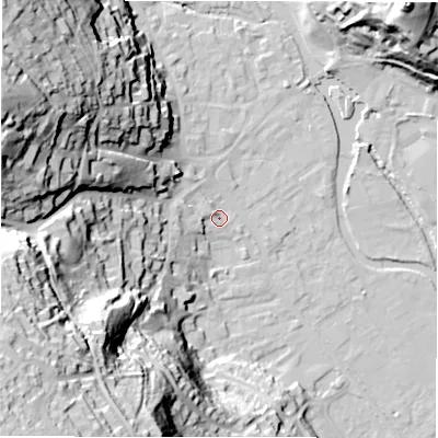 Shaded relief map of the ground around DE451HJ, computed from Environment Agency LiDAR. The ground here sits at about 121 m above sea level and falls 64 m across the surrounding 800 m. Surface water reaching this point runs off ground lying to the west-south-west, 4.6 m higher.