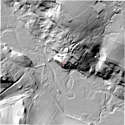 Shaded relief map of the ground around DE451LA, computed from Environment Agency LiDAR. The ground here sits at about 125 m above sea level and falls 76 m across the surrounding 800 m. Surface water reaching this point runs off ground lying to the north-north-east, 47.0 m higher.