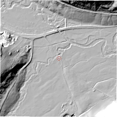 Shaded relief map of the ground around DE451LB, computed from Environment Agency LiDAR. The ground here sits at about 108 m above sea level and falls 39 m across the surrounding 800 m. Surface water reaching this point runs off ground lying to the west, 37.1 m higher.