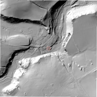 Shaded relief map of the ground around DE451LG, computed from Environment Agency LiDAR. The ground here sits at about 136 m above sea level and falls 61 m across the surrounding 800 m. Surface water reaching this point runs off ground lying to the north-west, 49.3 m higher.