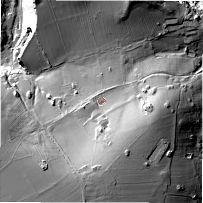 Shaded relief map of the ground around DE451LH, computed from Environment Agency LiDAR. The ground here sits at about 159 m above sea level and falls 59 m across the surrounding 800 m. Surface water reaching this point runs off ground lying to the south-south-east, 23.9 m higher.