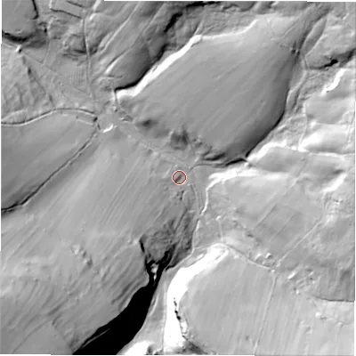 Shaded relief map of the ground around DE451LN, computed from Environment Agency LiDAR. The ground here sits at about 199 m above sea level and falls 72 m across the surrounding 800 m. Surface water reaching this point runs off ground lying to the south-west, 66.2 m higher.