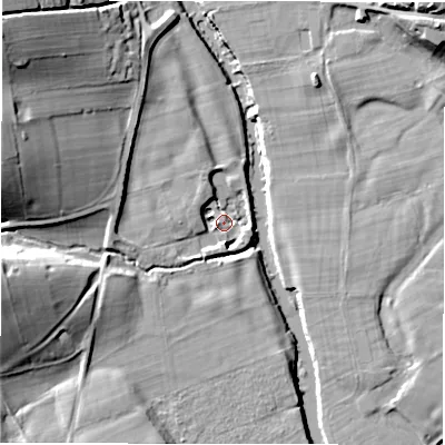 Shaded relief map of the ground around DE451PG, computed from Environment Agency LiDAR. The ground here sits at about 111 m above sea level and falls 26 m across the surrounding 800 m. Surface water reaching this point runs off ground lying to the west, 7.7 m higher.