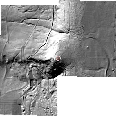 Shaded relief map of the ground around DE451PN, computed from Environment Agency LiDAR. The ground here sits at about 227 m above sea level and falls 125 m across the surrounding 800 m. Surface water reaching this point runs off ground lying to the south-south-west, 5.4 m higher.