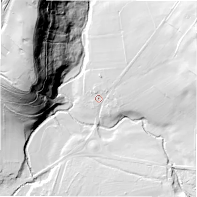 Shaded relief map of the ground around DE451PR, computed from Environment Agency LiDAR. The ground here sits at about 126 m above sea level and falls 97 m across the surrounding 800 m. Surface water reaching this point runs off ground lying to the north-east, 42.2 m higher.
