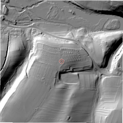Shaded relief map of the ground around DE451PX, computed from Environment Agency LiDAR. The ground here sits at about 164 m above sea level and falls 61 m across the surrounding 800 m. Surface water reaching this point runs off ground lying to the west-south-west, 0.7 m higher.