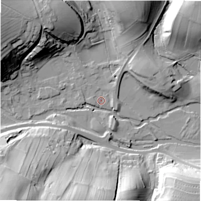 Shaded relief map of the ground around DE451PZ, computed from Environment Agency LiDAR. The ground here sits at about 133 m above sea level and falls 58 m across the surrounding 800 m. Surface water reaching this point runs off ground lying to the north-west, 36.1 m higher.