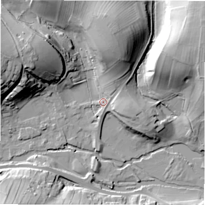 Shaded relief map of the ground around DE451QA, computed from Environment Agency LiDAR. The ground here sits at about 136 m above sea level and falls 39 m across the surrounding 800 m. Surface water reaching this point runs off ground lying to the north-north-east, 17.3 m higher.