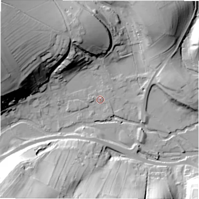 Shaded relief map of the ground around DE451QB, computed from Environment Agency LiDAR. The ground here sits at about 134 m above sea level and falls 57 m across the surrounding 800 m. Surface water reaching this point runs off ground lying to the west-north-west, 44.8 m higher.